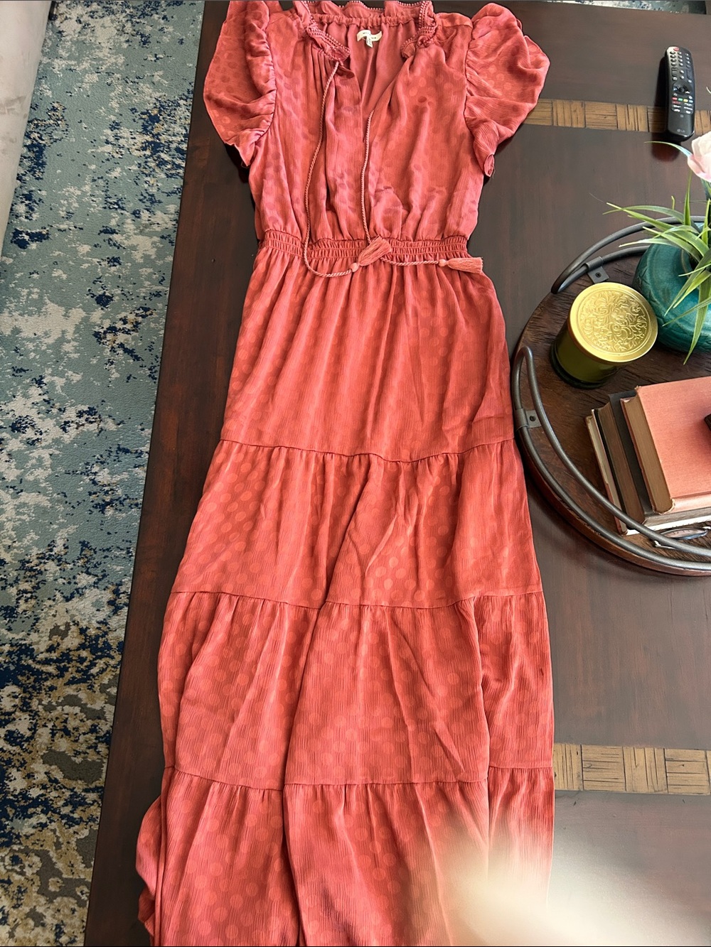 Max Studio terracotta Tiered Maxi Dress with Puff Sleeves